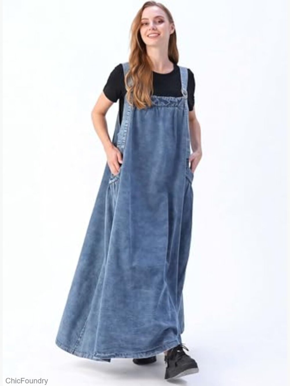 Denim Jumper Dress Loose Fit Maxi Length Adjustable Straps A-Line - Picture 2 of 6
